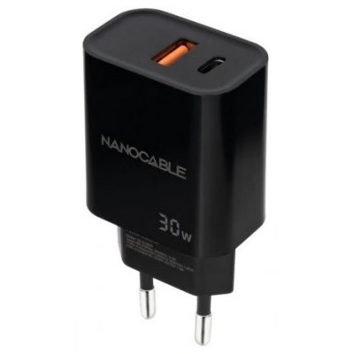 NANOCABLE CARGADOR USB-C/PD + USB-A/QC 30W NEGRO