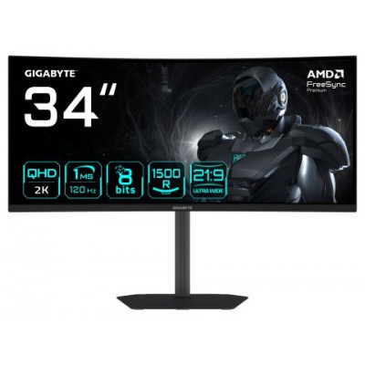 GIGABYTE GS34WQCA Monitor Gaming Curvo 34" WQHD – 3440 x 1440, 1500R, 120Hz, 1ms, 300 cd/m², FreeSync Premium, HDR Ready, HDMI 2.0, DisplayPort 1.4. (Espera 4 dias)