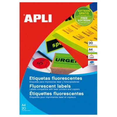 PACK 20 HOJAS (20UD.)ETIQUETAS AMARILLO FLUORESCENTE PERMANENTES 210,0 X 297,0 MM APLI 2878 (Espera 4 dias)