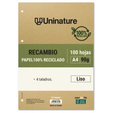 RECAMBIO RECICLADO A4 100 HOJAS 90GR LISO CON TALADROS UNINATURE 53392800 (Espera 4 dias)