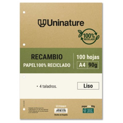 RECAMBIO RECICLADO A4 100 HOJAS 90GR LISO CON TALADROS UNINATURE 53392800 (Espera 4 dias)