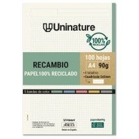 RECAMBIO RECICLADO A4 100 HOJAS 90GR CUADRICULA 5X5 MM CON TALADROS 5 BANDAS COLOR UNINATURE 53392900 (Espera 4 dias)