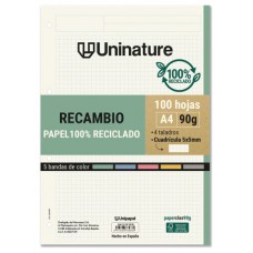 RECAMBIO RECICLADO A4 100 HOJAS 90GR CUADRICULA 5X5 MM CON TALADROS 5 BANDAS COLOR UNINATURE 53392900 (Espera 4 dias)