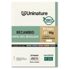 RECAMBIO RECICLADO A5 90 HOJAS 90GR CUADRICULA 5X5 MM CON TALADROS 5 BANDAS COLOR UNINATURE 53393500 (Espera 4 dias)