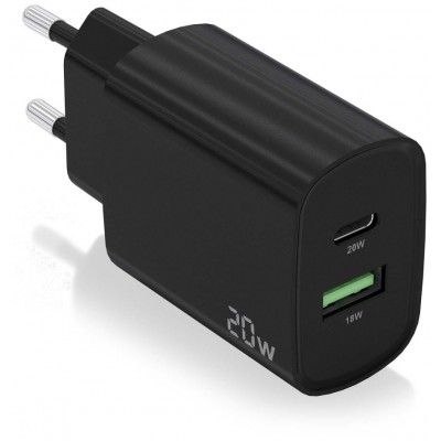 AISENS - CARGADOR 20W, 1xUSB-C PD3.0, 1xUSB-A QC3.0, NEGRO