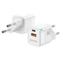 AISENS - CARGADOR GAN 20W, 1XUSB-C PD3.0 QC4.0, 1XUSB-A QC3.0, BLANCO