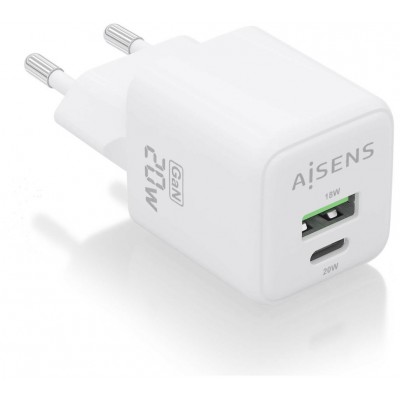 AISENS - CARGADOR GaN 20W, 1xUSB-C PD3.0 QC4.0, 1xUSB-A QC3.0, BLANCO