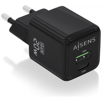 AISENS - CARGADOR GaN 20W, 1xUSB-C PD3.0 QC4.0, 1xUSB-A QC3.0, NEGRO