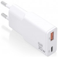 AISENS - CARGADOR GaN ULTRA DELGADO 30W, 1xUSB-C PD3.0 QC4.0, 1xUSB-A QC3.0, BLANCO