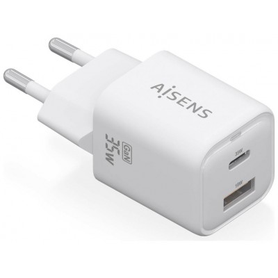 AISENS - CARGADOR GaN 35W, 1xUSB-C PD3.0 QC4.0, 1xUSB-A QC3.0, BLANCO
