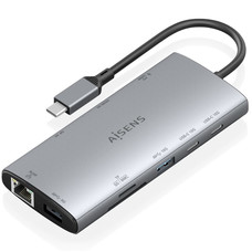 AISENS - USB-C DOCK 10 EN 1, USB-C A 1xHDMI, 1xDISPLAYPORT, 1xRJ45, 1xUSB-A 10G, 1xUSB-A 5G, 2xUSB-C 10G, 1xUSB-C PD100W, 1xSD, 1xMICRO SD, GRIS, 20CM