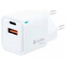 CARGADOR PARED/VIAJE 3.0 GaN USB-C/PD + USB-A 20W BLANCO COOLBOX (Espera 4 dias)