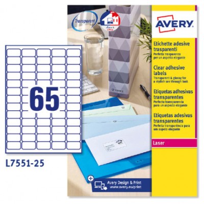 PAQUETE 25 HOJAS MINI ETIQUETAS TRANSPARENTES-IMPRESORAS LÁSER-38,1X21,2 MM AVERY L7551-25 (Espera 4 dias)