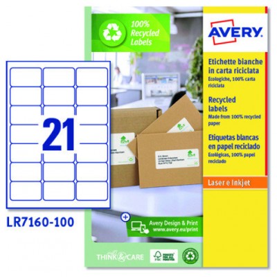 CAJA 100 ETIQUETAS BLANCAS RECICLADAS - QUICKPEEL - IMPRESORAS LÁSER - 63,5X38,1 - 21 ETIQUETAS POR HOJA AVERY LR7160-100 (Espera 4 dias)