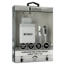 SUBBLIM CARGADOR ULTRA RAPIDO 2xUSB DE PARED PD18W+2.4A + Cable C to C Blanco (Espera 4 dias)