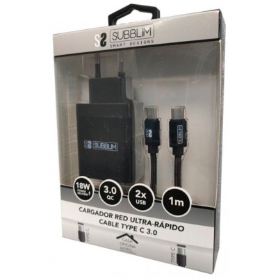 SUBBLIM CARGADOR ULTRA RAPIDO 2xUSB DE PARED PD18W+2.4A + Cable C to C Negro (Espera 4 dias)