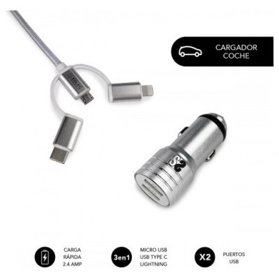 SUBBLIM Cargador Coche 2xUSB Dual Car Charger Alum 2.4A + Cable 3 in 1 Silver (Espera 4 dias)