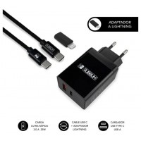 SUBBLIM CARGADOR ULTRA RAPIDO 2xUSB DE PARED PD25W+QC3.0+Cable C to C y lightning Negro (Espera 4 dias)