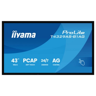 MONITOR IIYAMA 43" ALL-IN-ONE PCAP INTERACTIVE/ ANDROID 14 OS/ 3840 x 2160/ 450CD/M² WITH TOUCH/ HDMI X2 + USB-C/RS-232C X1/ WiFi 5 - 2.4G / 5G/ RAM: 4GB, ROM: 32GB/ TOUCH THROUGH-GLASS (T4329AS-B1AG) (Espera 4 dias)