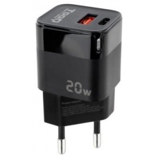 Tooq Cargador pared USB-C PD +USB-A QC 20W Negro