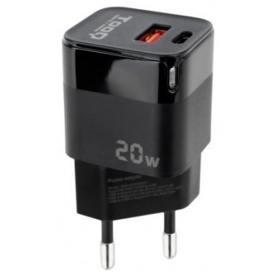 Tooq Cargador pared USB-C PD +USB-A QC 20W Negro